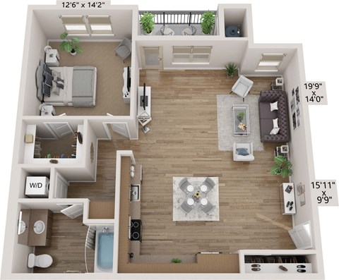 a 3d rendering of a floor plan with a bedroom and living room